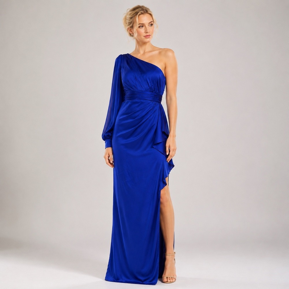 Ieena for Mac Duggal One Shoulder Bishop Sleeve Gown Sapphire Blue 55398 Size 2